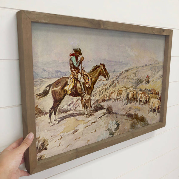 Cowboy Cattle Drive - Ranch House Canvas Art - Wood Framed