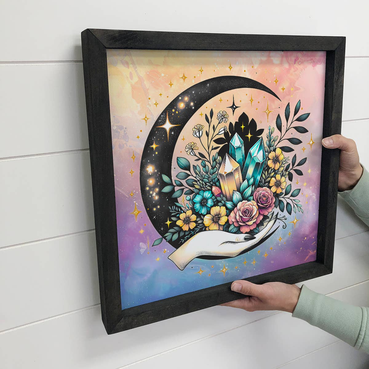 Celestial Moon Hand - Moon Canvas Art - Wood Framed Decor