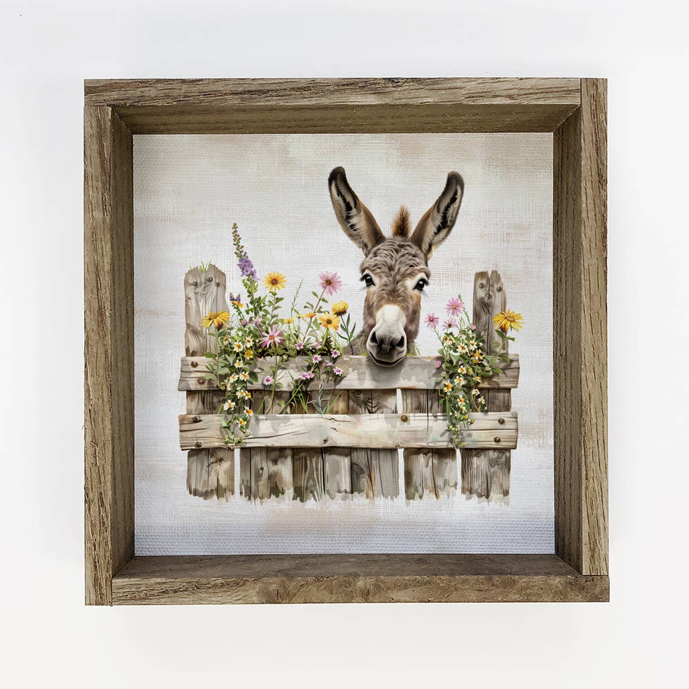 Donkey Over Fence with Flowers  - Donkey Canvas Art - Framed
