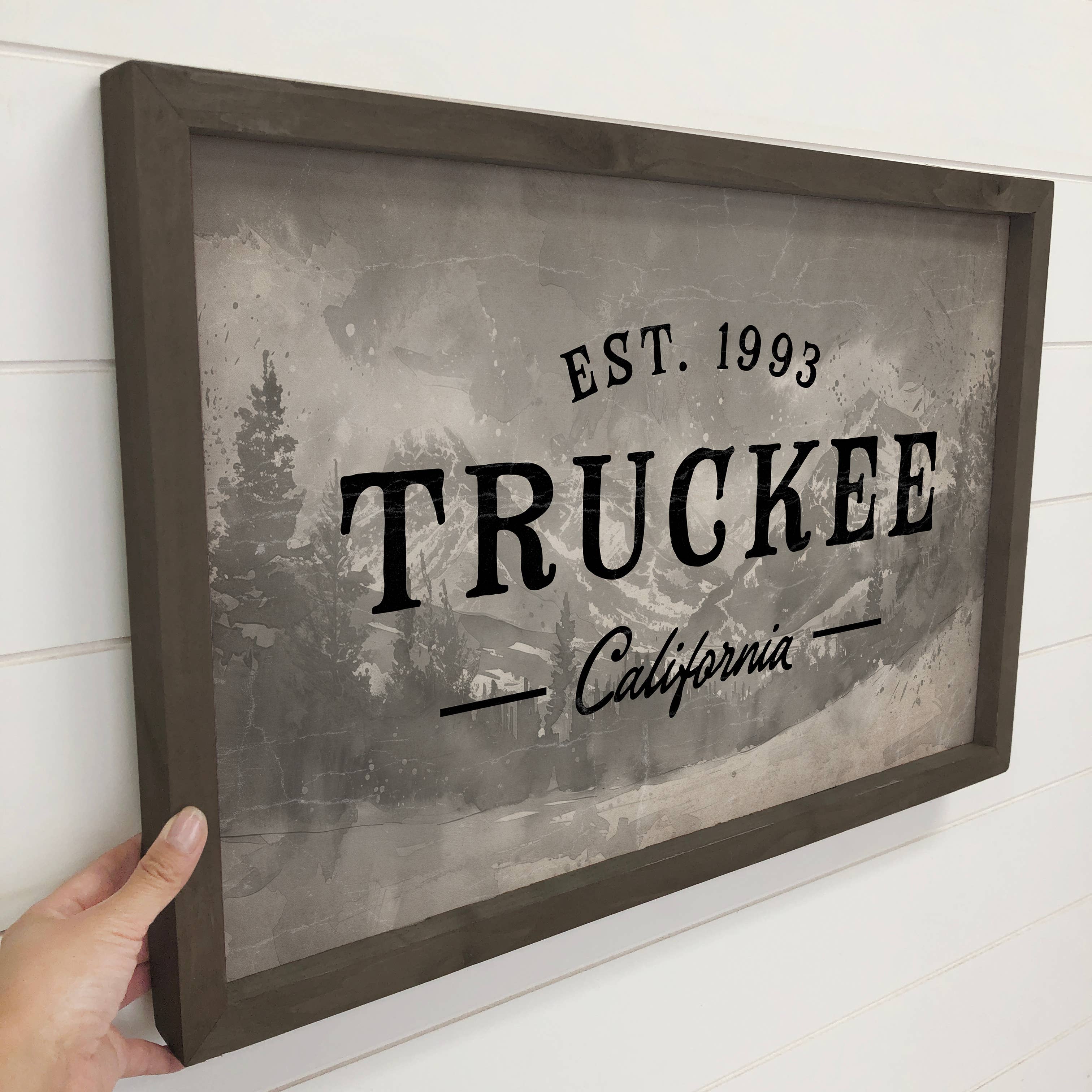 Custom Mountain Town Gray - Cabin Canvas Sign - Wood Framed