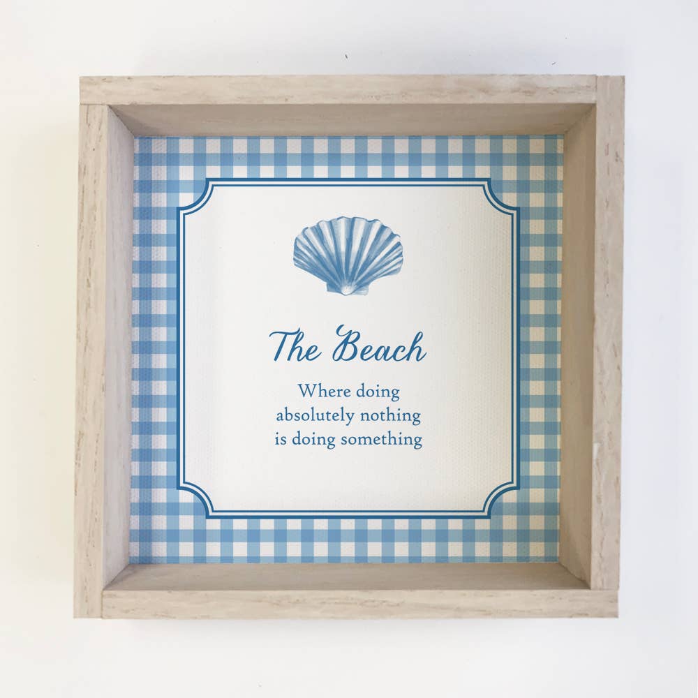 The Beach Gingham Blue - Beach Canvas Art - Wood Framed Art