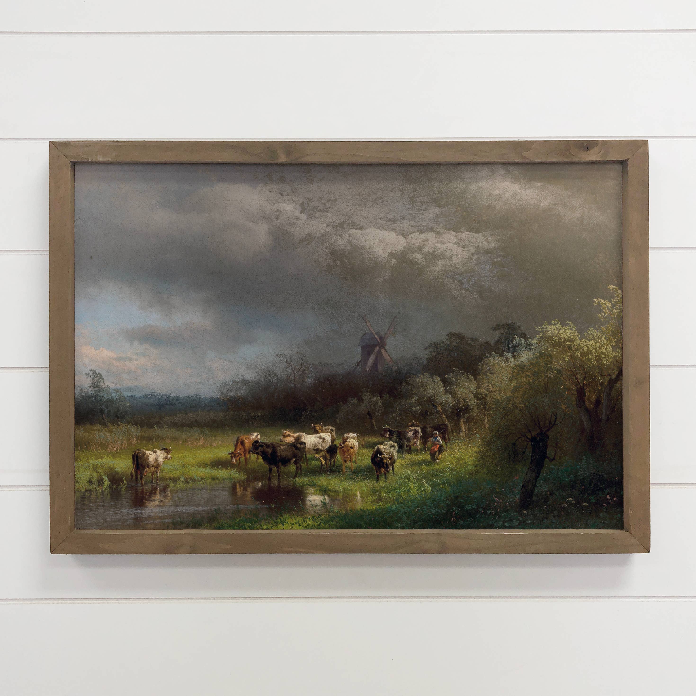 Windmill Cow Farm - Farmhouse Canvas Art - Wood Framed
