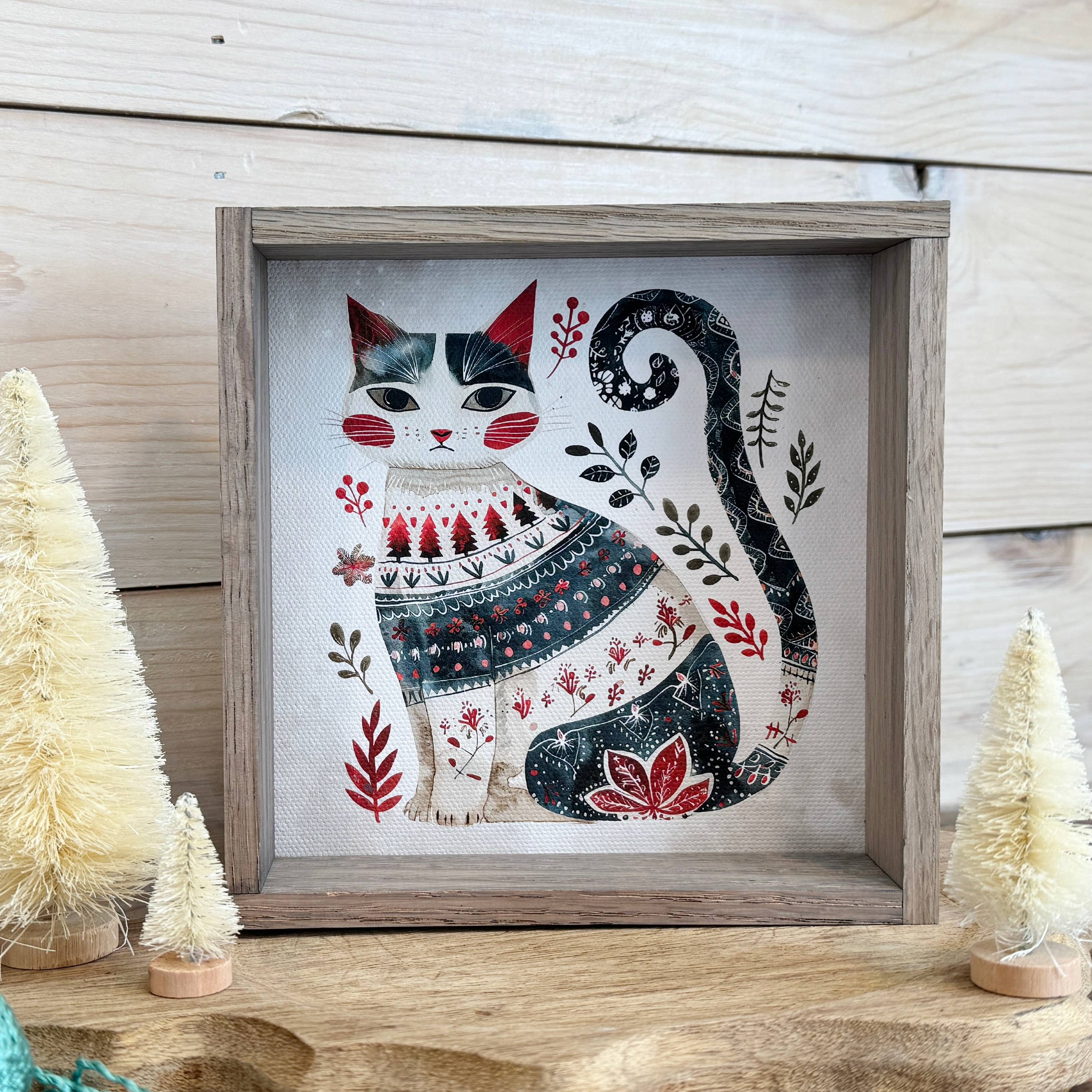 Scandi Watercolor Winter Cat - Winter Canvas Art - Framed