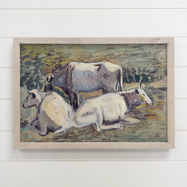 White Cows Vintage Painting - Cow Canvas Art - Wood Framed