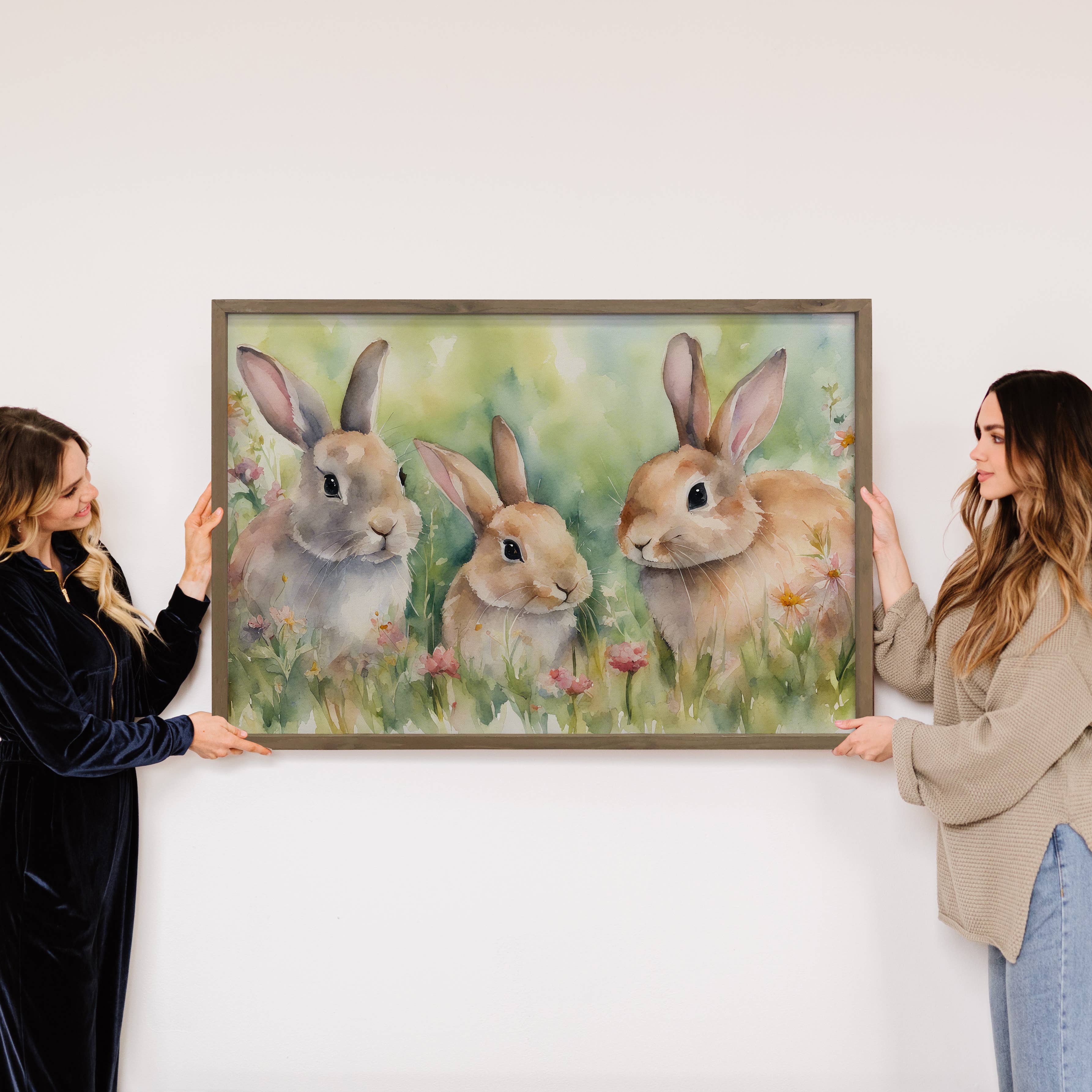 Three Bunnies in Wildflowers - Sweet Bunny Canvas Art