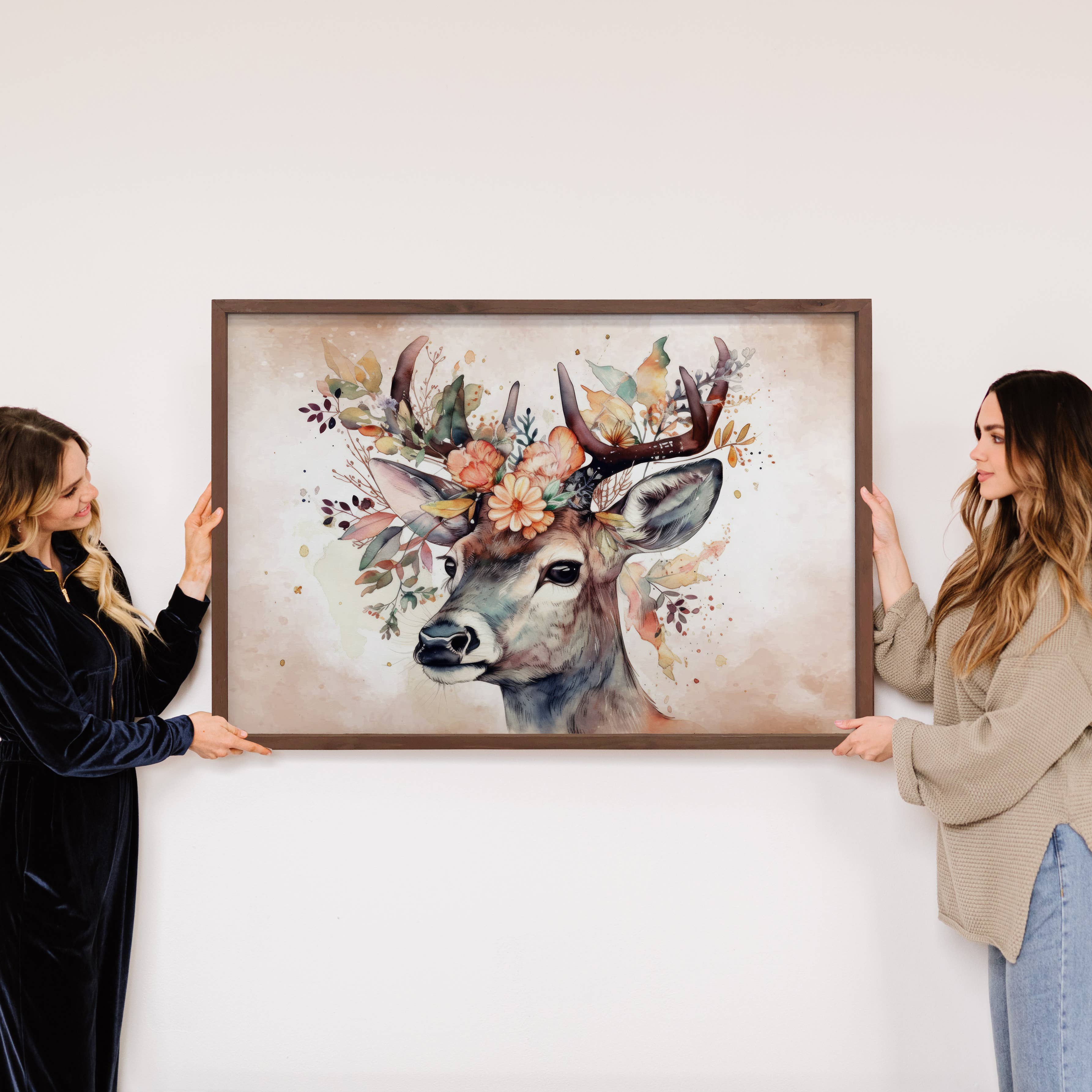 Deer Adorned with Flowers - Framed Animal Painting - Cabin