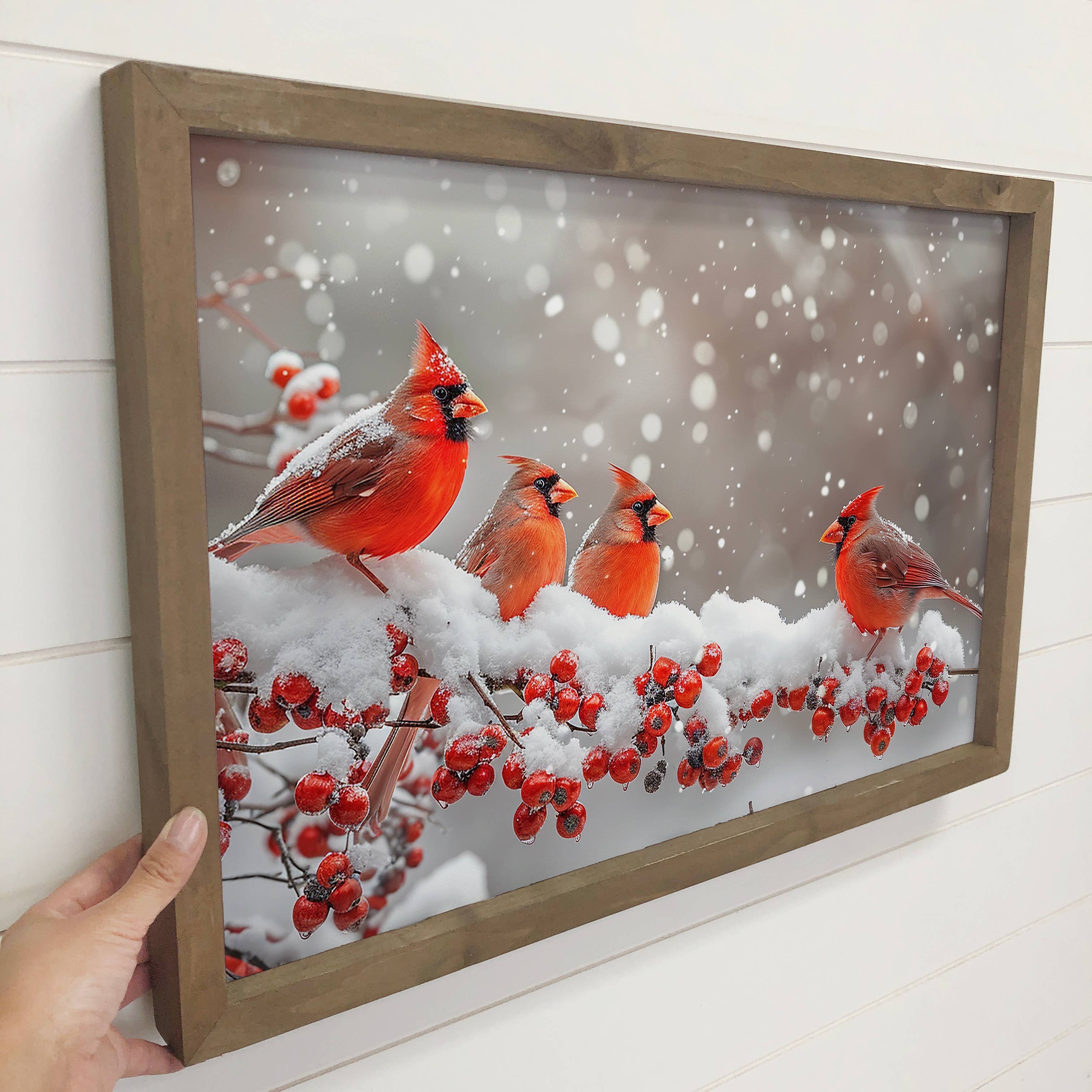 Cardinals on Winter Berry Branch - Wildlife Canvas Art