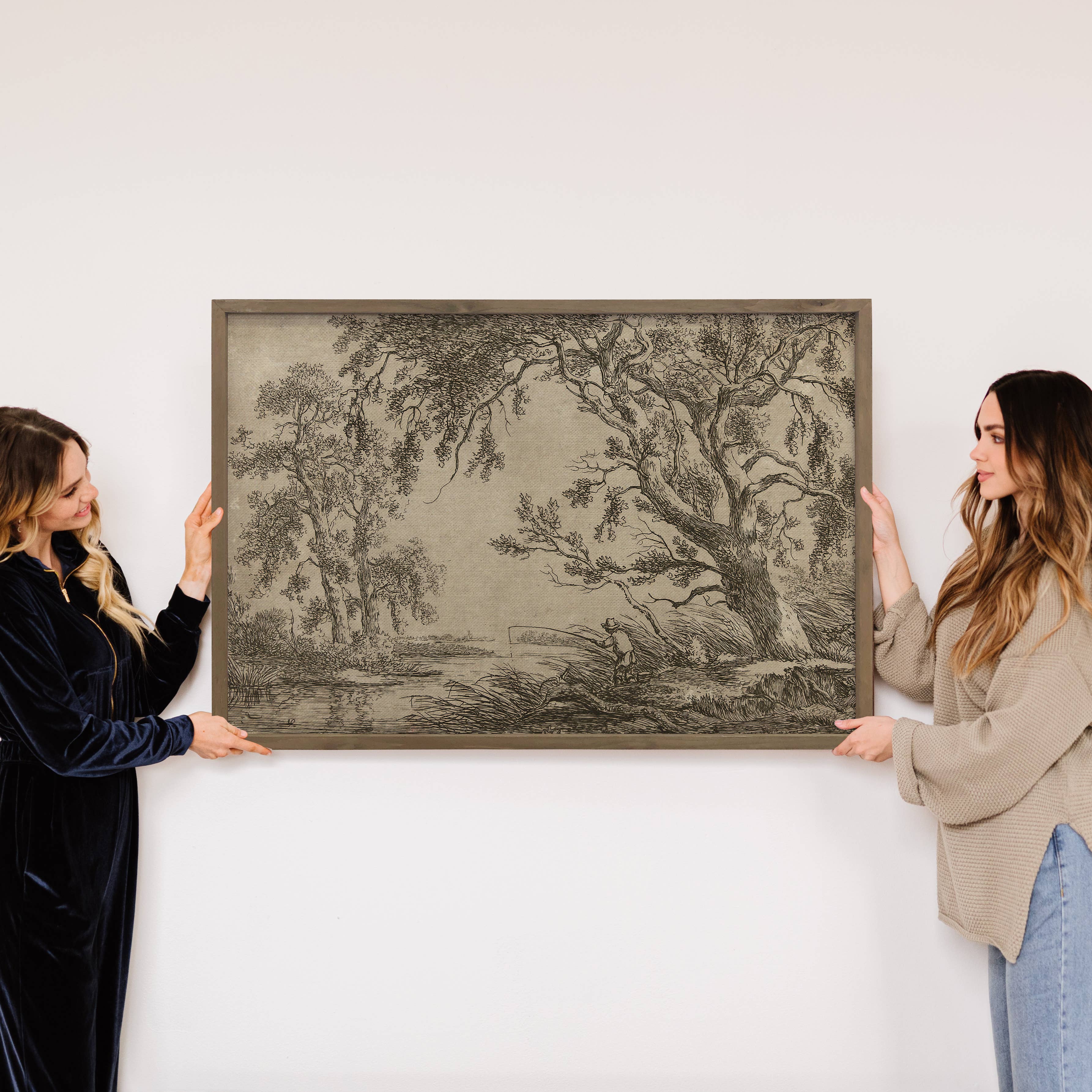 Fisherman Under the Trees - Nature Sketch Canvas Art