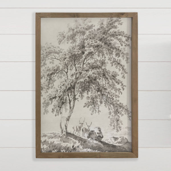 Tree and Stags - Nature Canvas Art - Wood Framed Cabin Decor