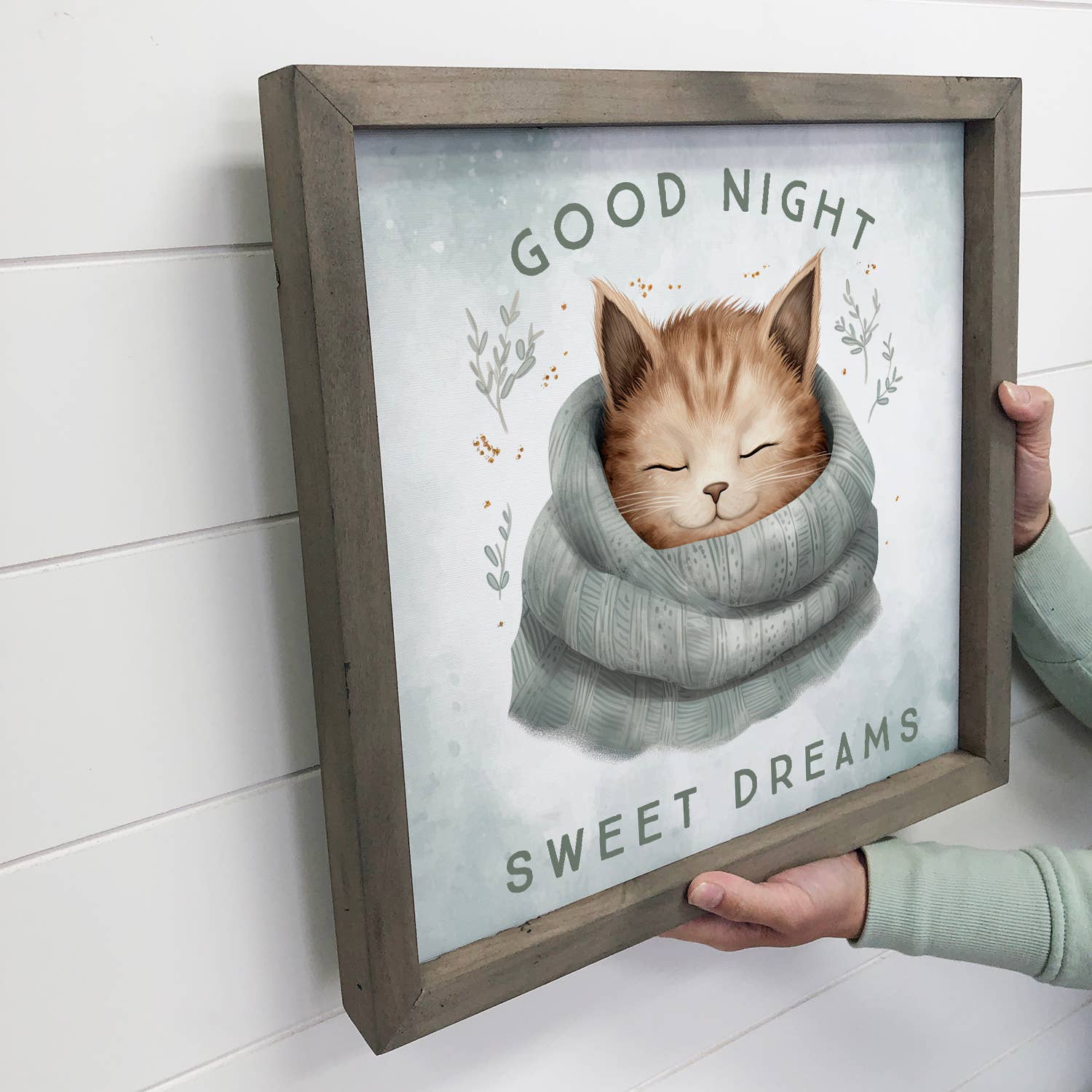 Good Night Cat in Blanket - Cute Animal Nursery Canvas Art