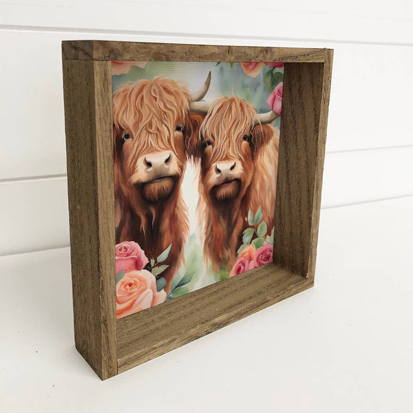 Highland Cow Pair Roses - Spring Time Highland Cow Canvas