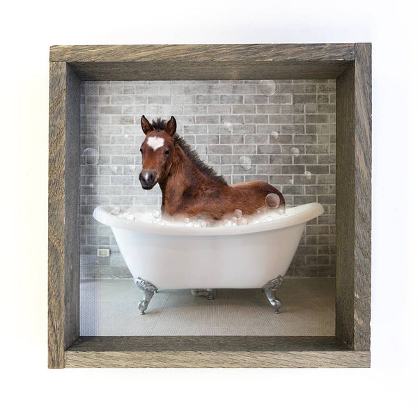 Horse in a Bathtub Funny Bathroom Greywash Wood Frame
