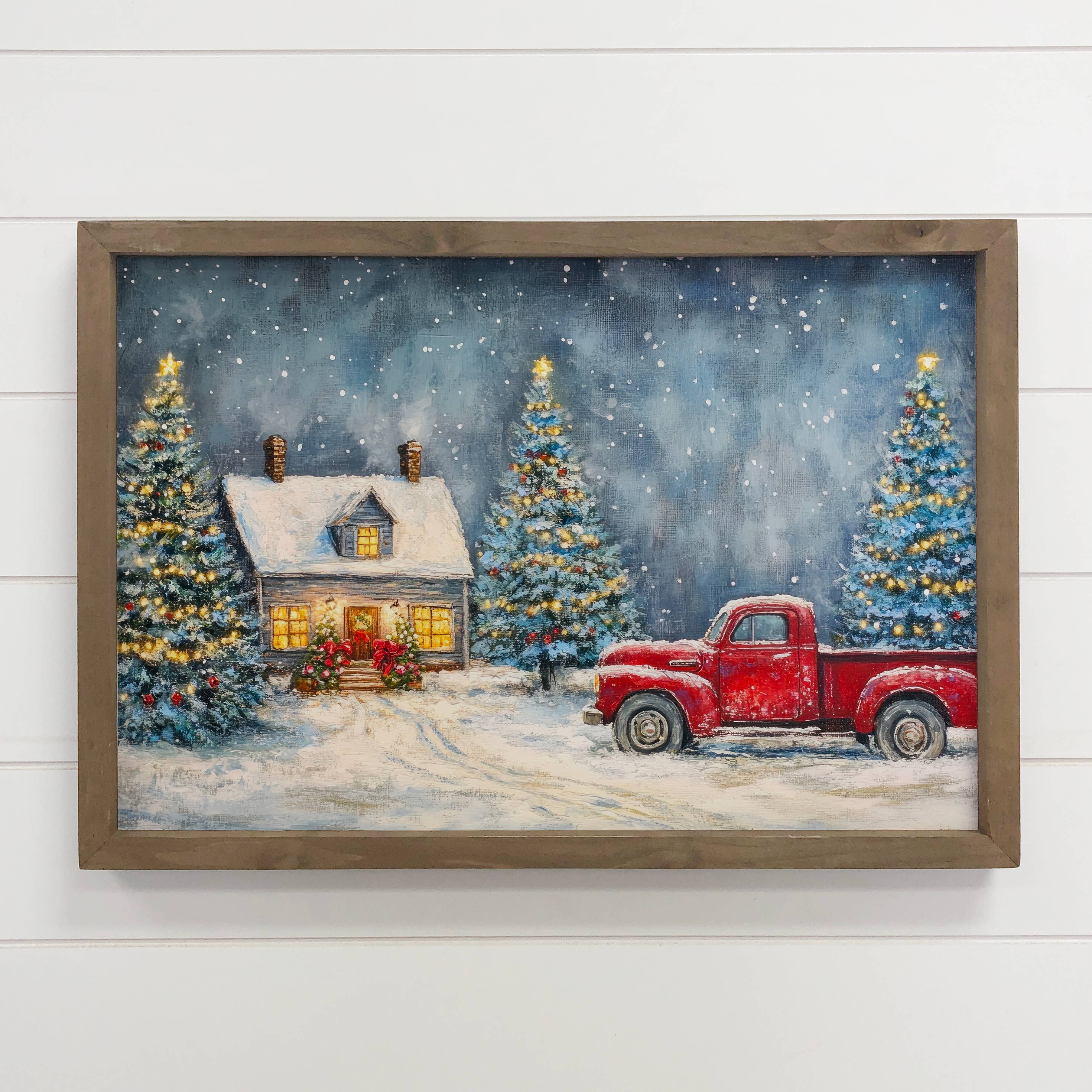 Vintage Red Truck Christmas House - Christmas Canvas Art