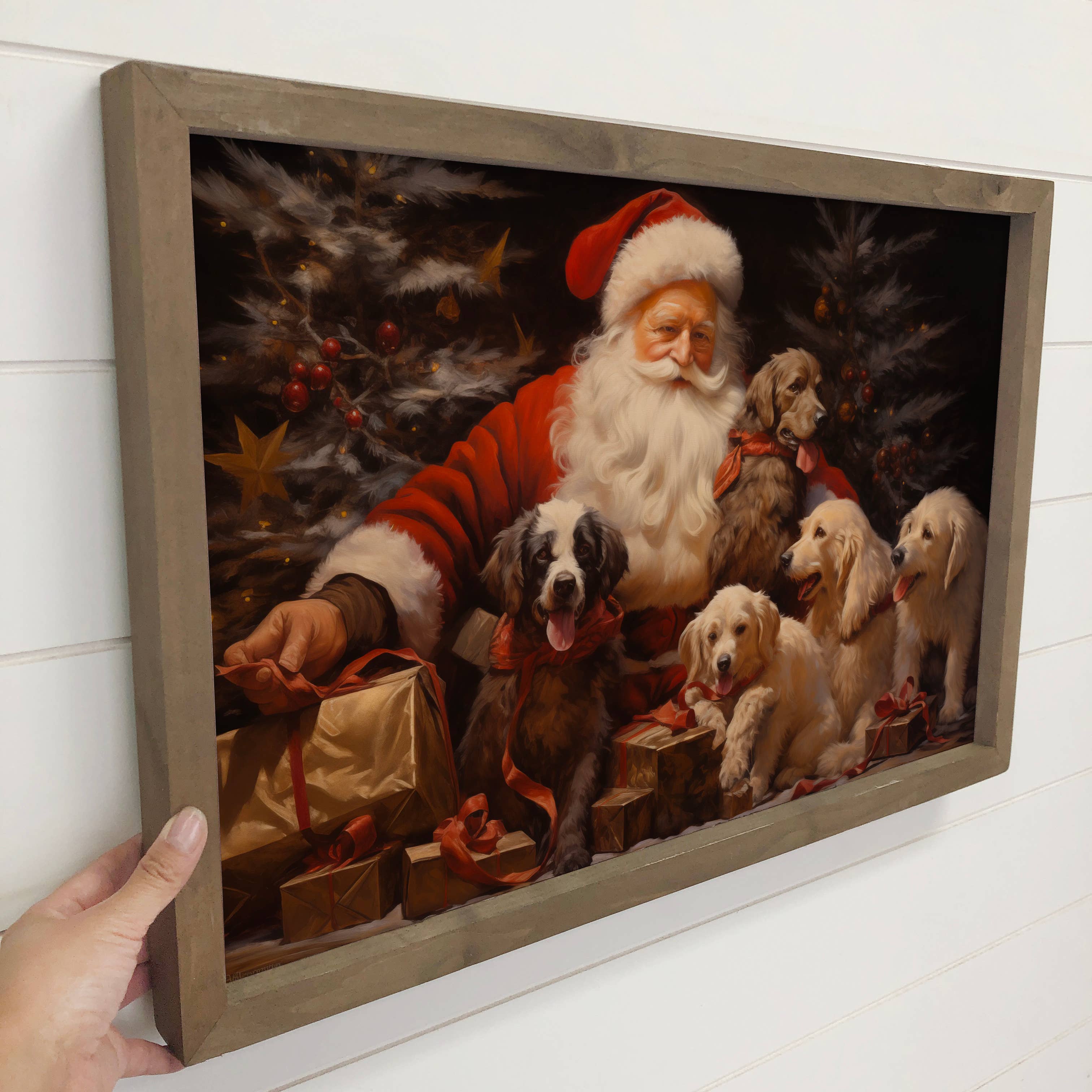 Santa with Dogs - Santa Canvas Art - Wood Framed Wall Art