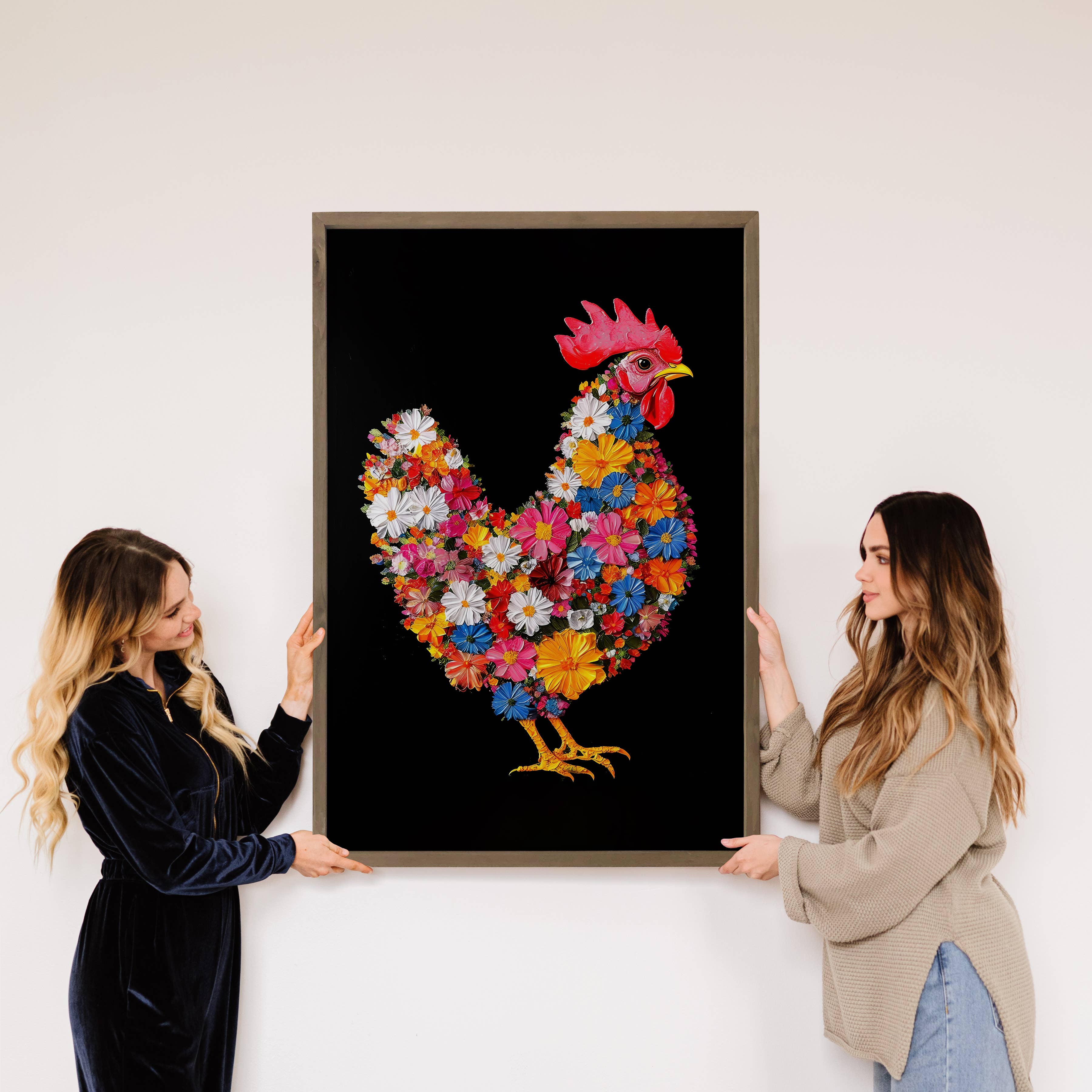 Chicken Flower Glory - Farmhouse Canvas Art - Wood Framed