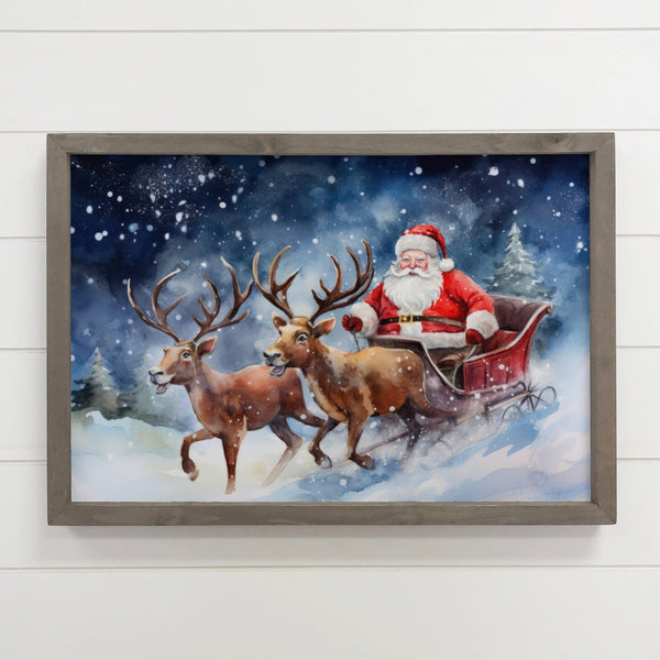 Santa Sleigh and Reindeer - Holiday Canvas Art - Wood Framed