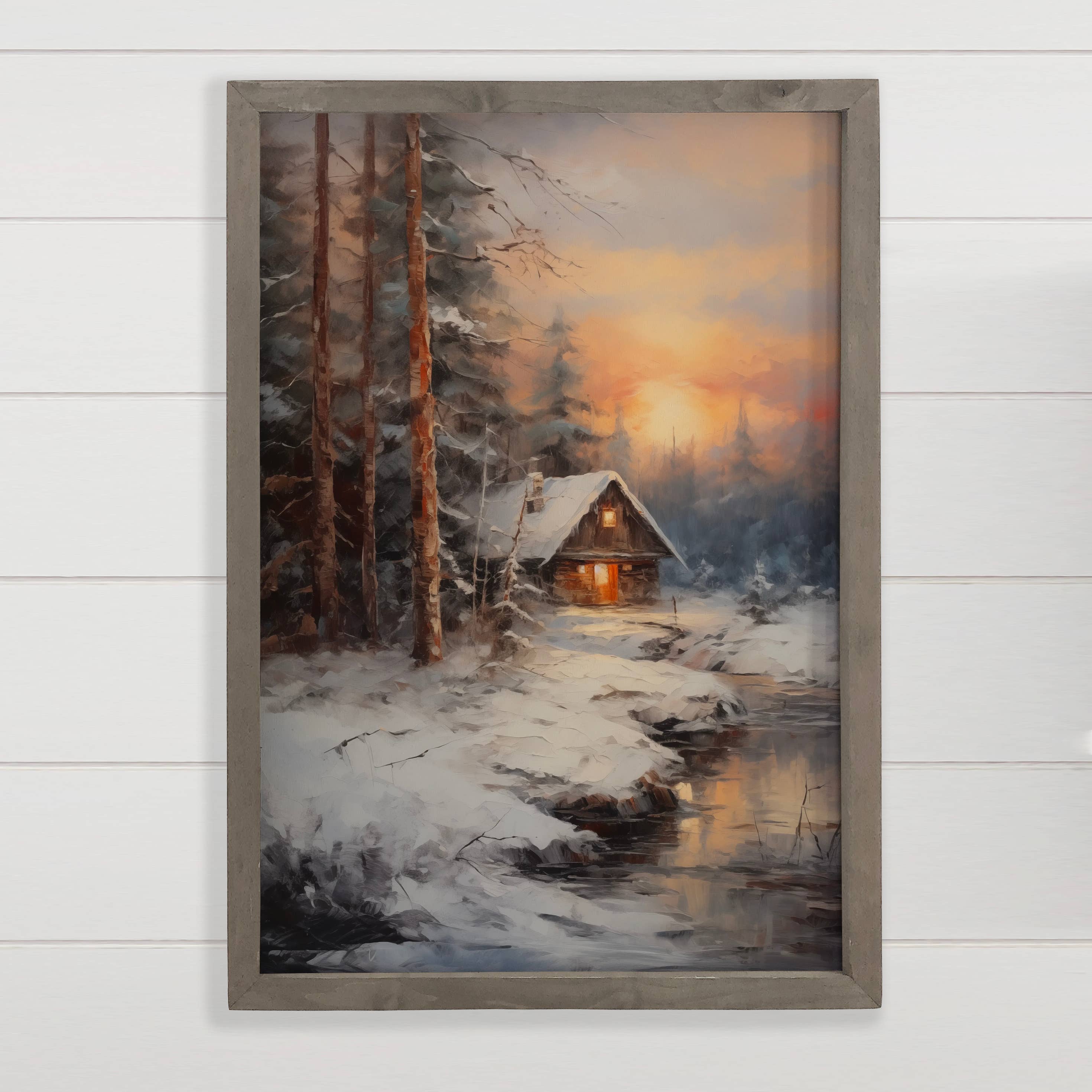 Winter Cabin on the River - Winter Canvas Art - Wood Framed