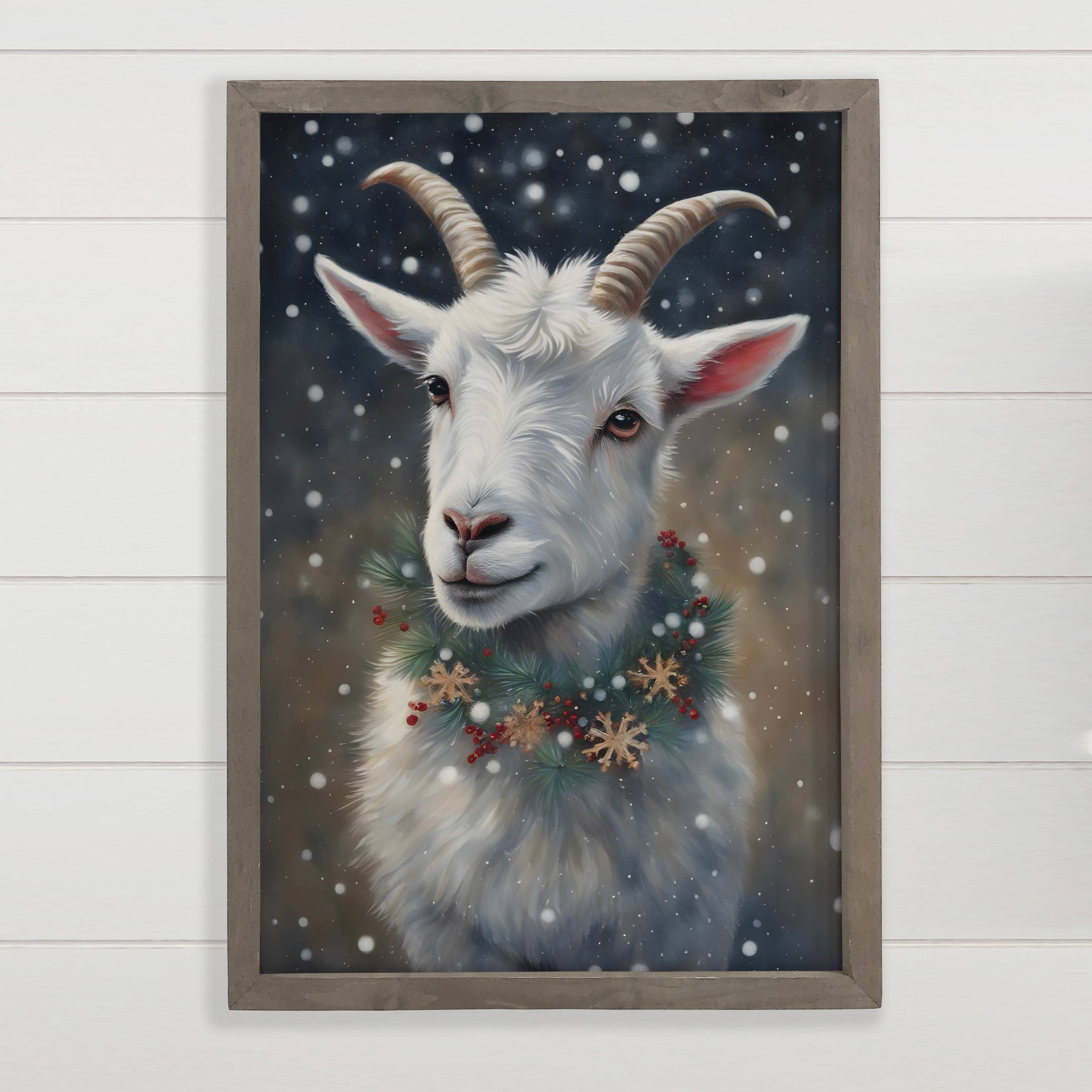 Christmas Goat in the Snow - Goat Canvas Art - Wood Framed