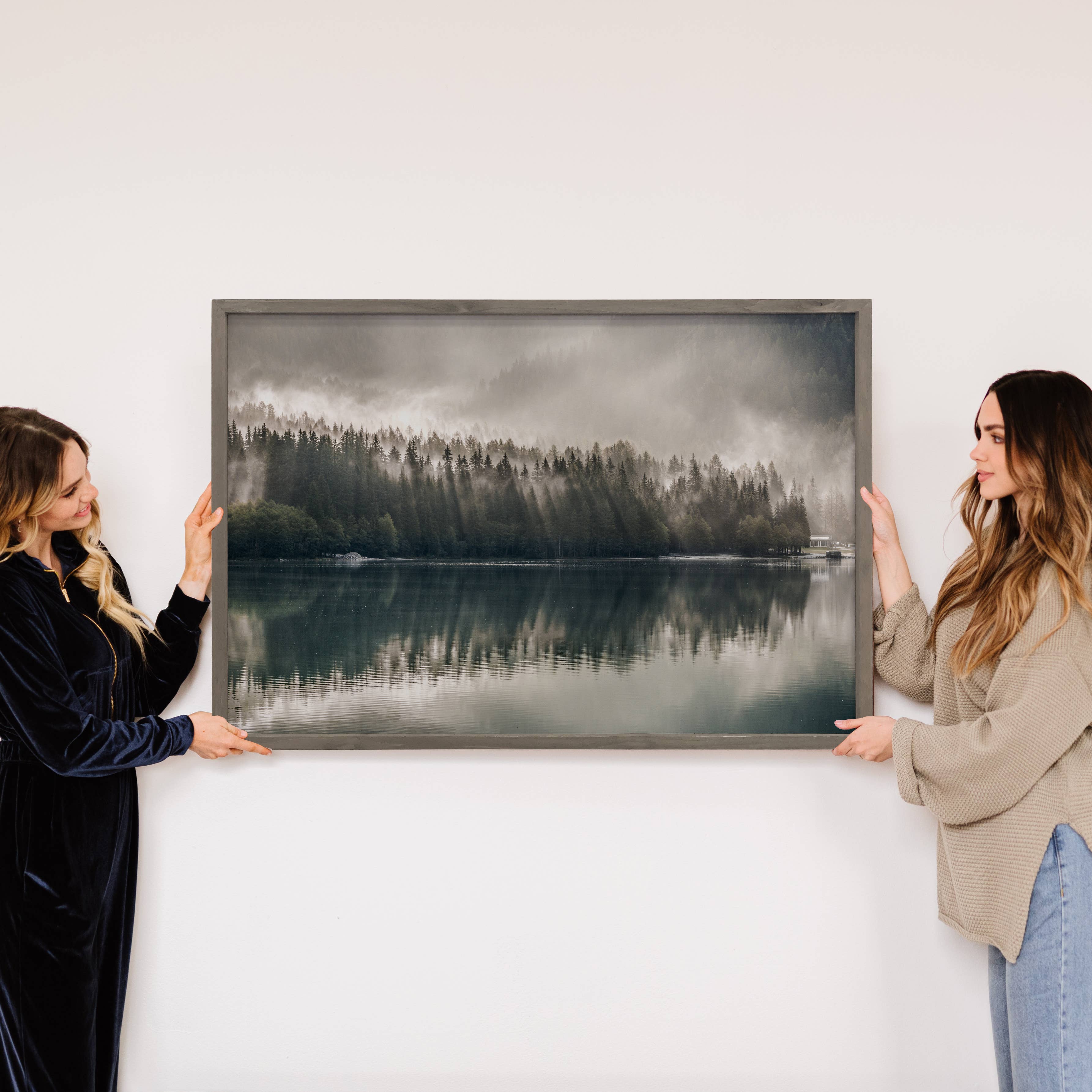 Pines Misty Lake - Lake Landscape Canvas Art - Wood Framed