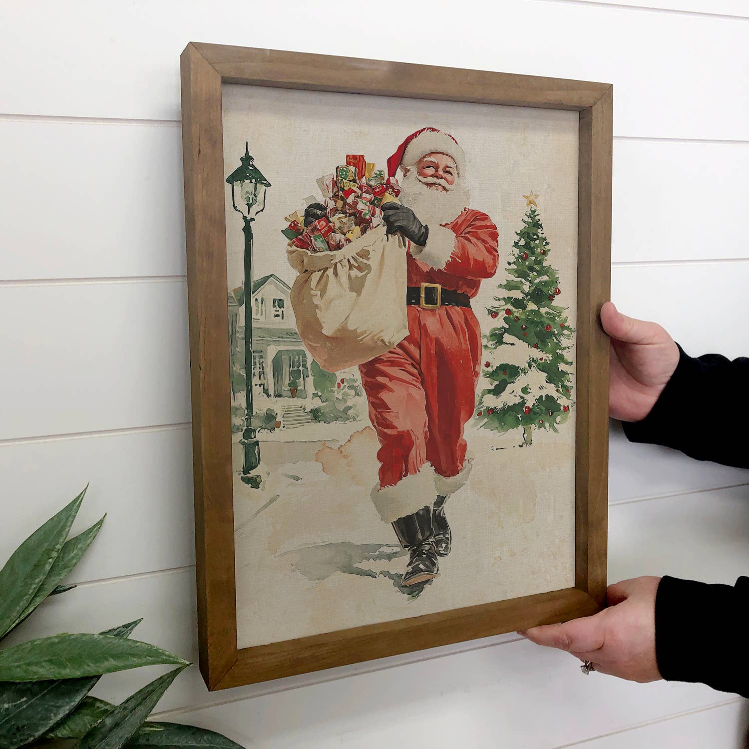 Vintage Santa Toy Bag - Christmas Canvas Art - Wood Framed