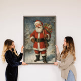 Vintage Santa Carrying Bag - Canvas Holiday Art - Wood Frame