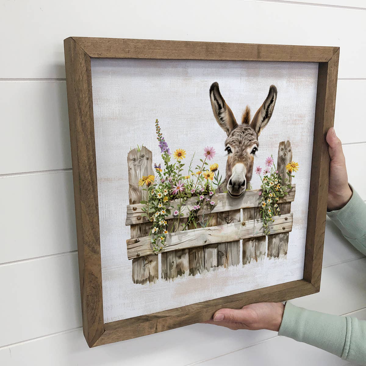 Donkey Over Fence with Flowers - Donkey Canvas Art - Framed