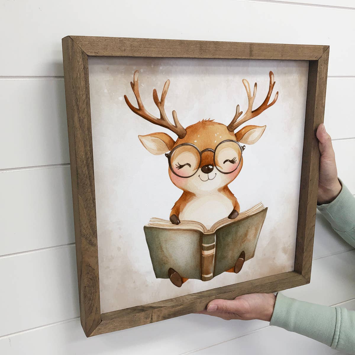 Deer Reading Book - Cute Deer Canvas Art - Wood Framed Art
