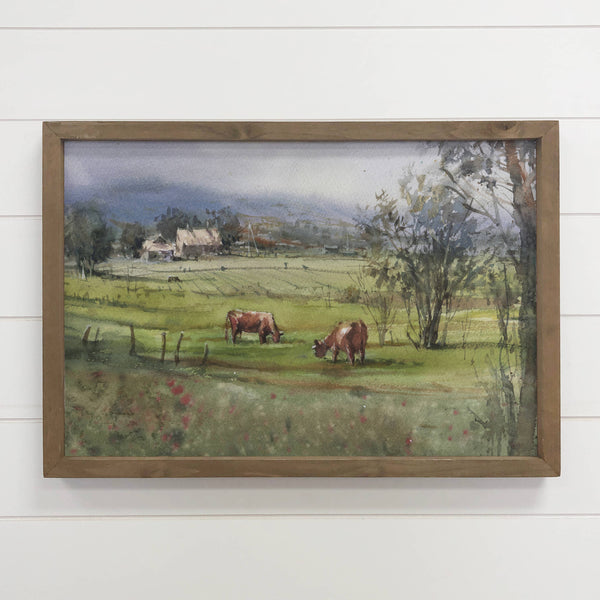 Cows Grazing - Farmhouse Wall Art - Framed Animal Canvas Art