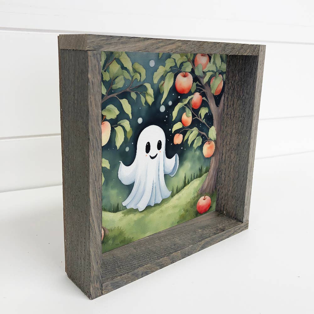 Cute Ghost in Apple Orchard - Halloween Canvas Art - Framed
