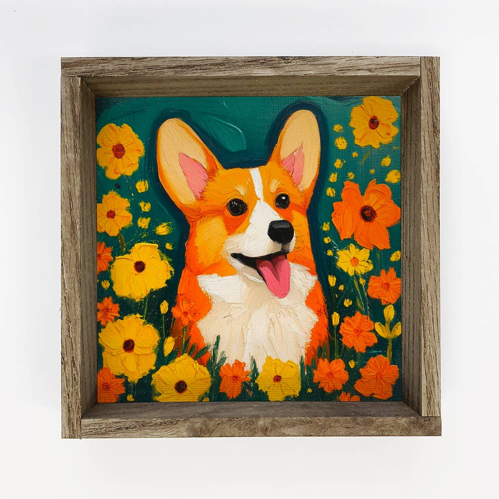 Corgi with Orange Flowers - Dog and Flowers Canvas Art