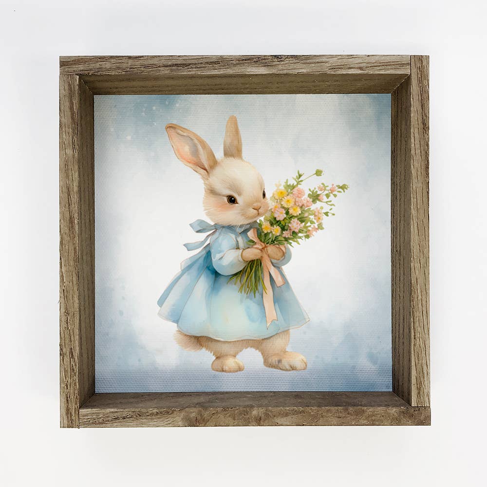 Easter Bunny Flowers Blue Dress - Easter Canvas Art - Framed Easter Bunny Flowers Blue Dress - Easter Canvas Art - Framed