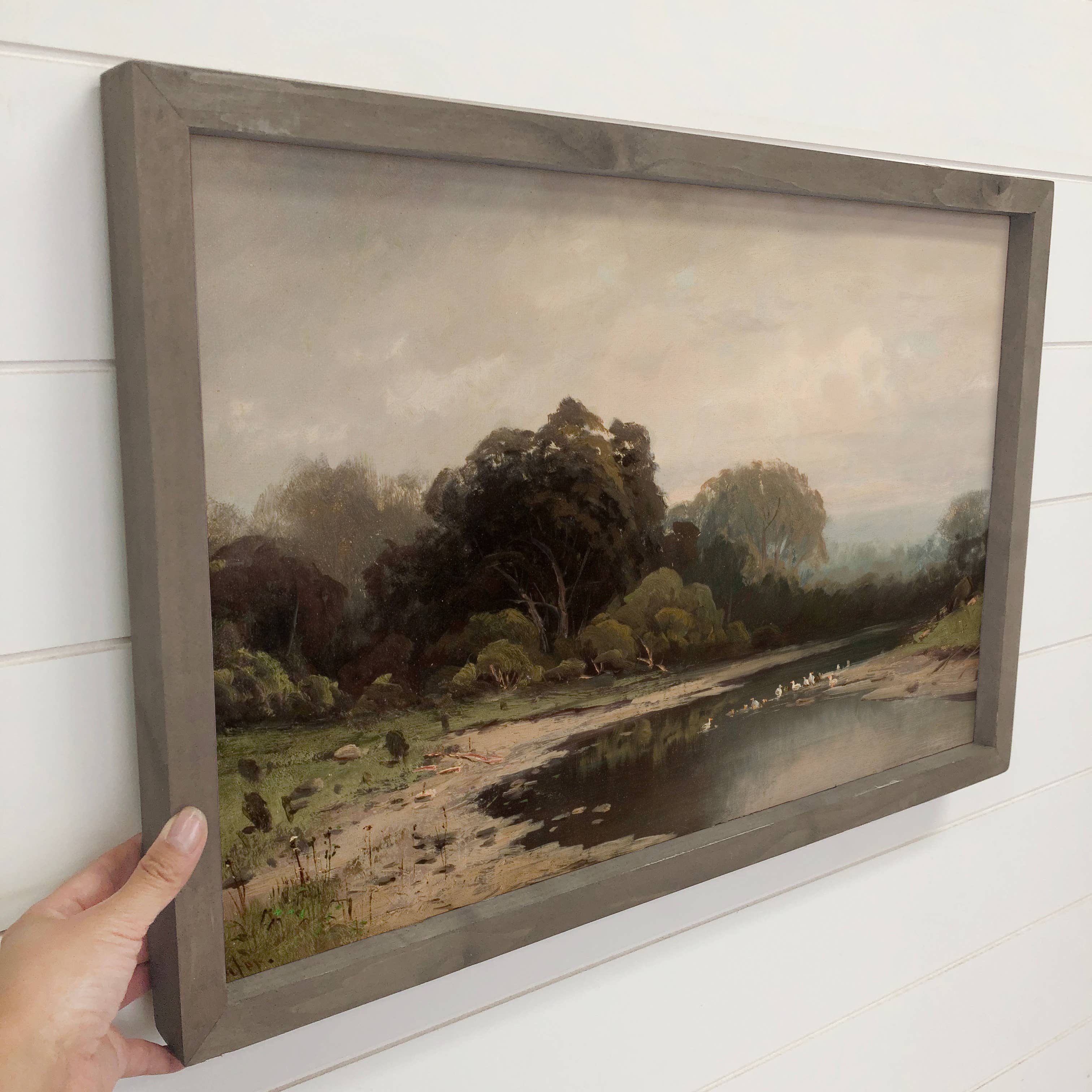 Gray Overcast River- River Landscape Canvas Art - Framed Art