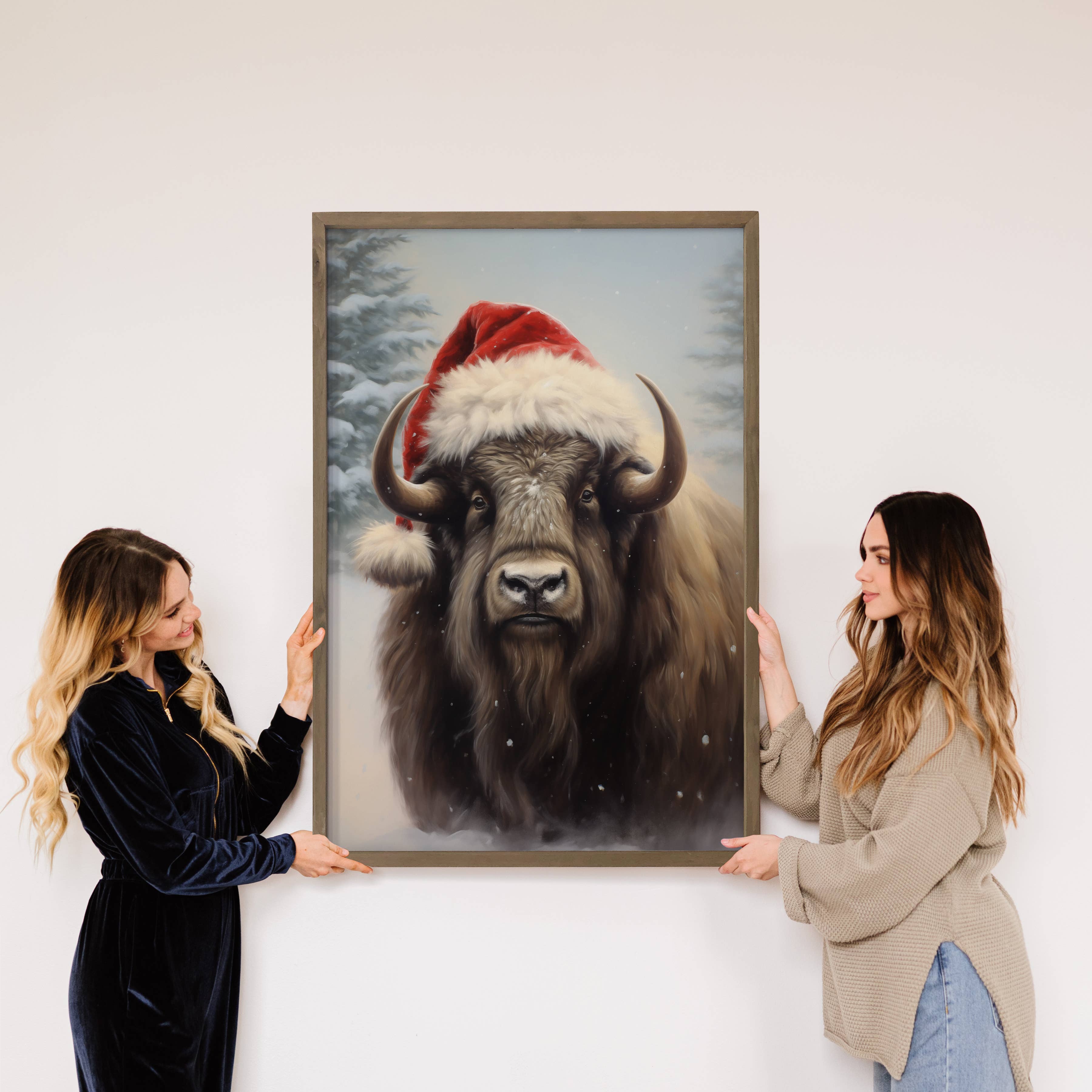 Christmas Bison Santa Hat - Animal Christmas Canvas Art