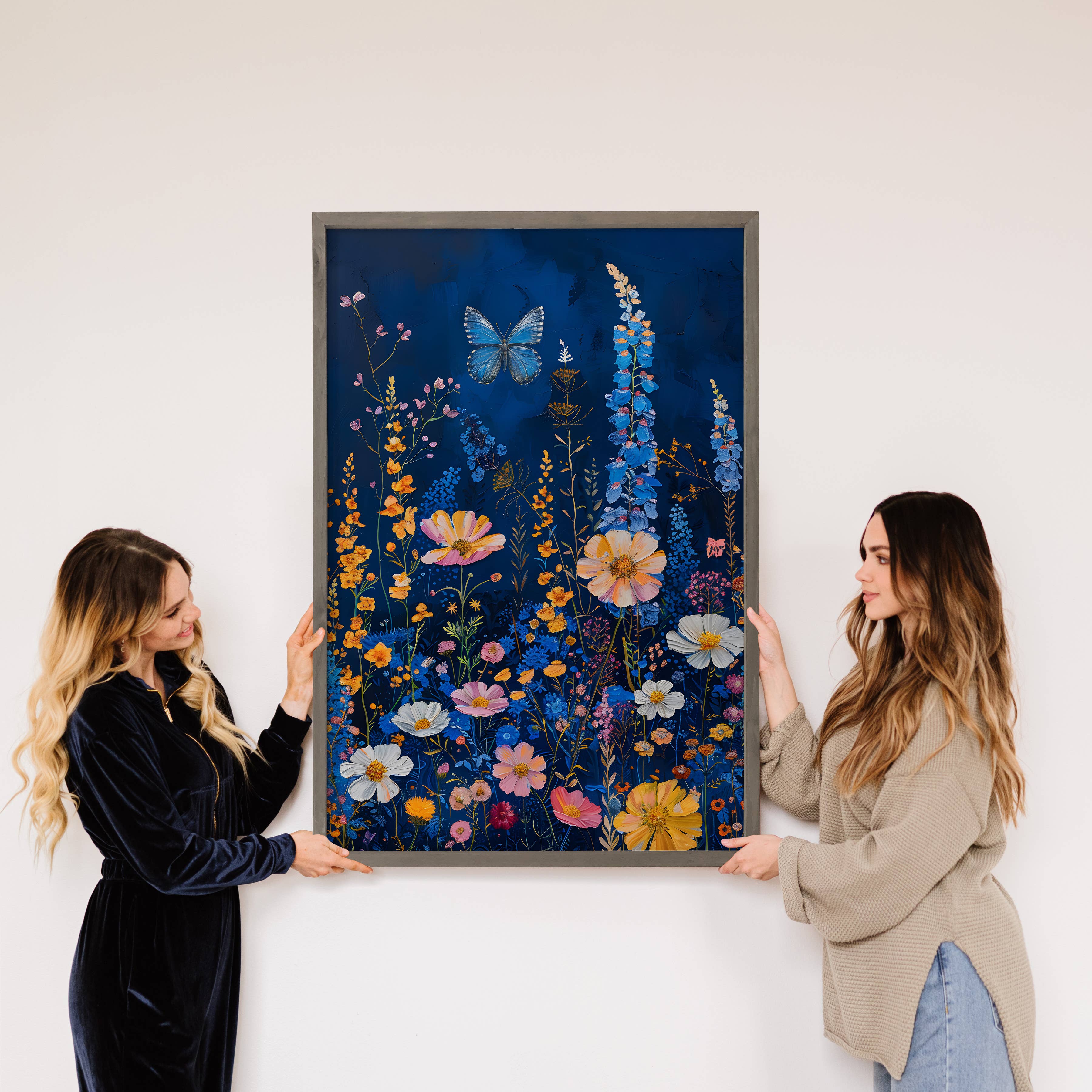 Blue Wildflowers - Cottage Wall Canvas Art - Wood Framed Art