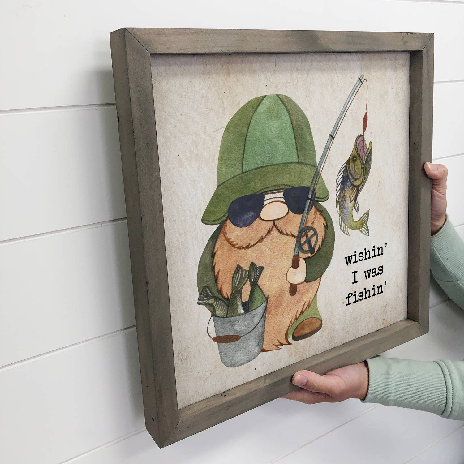 Fishing Gnome Small Canvas Sign Greywash Frame Husband Gift