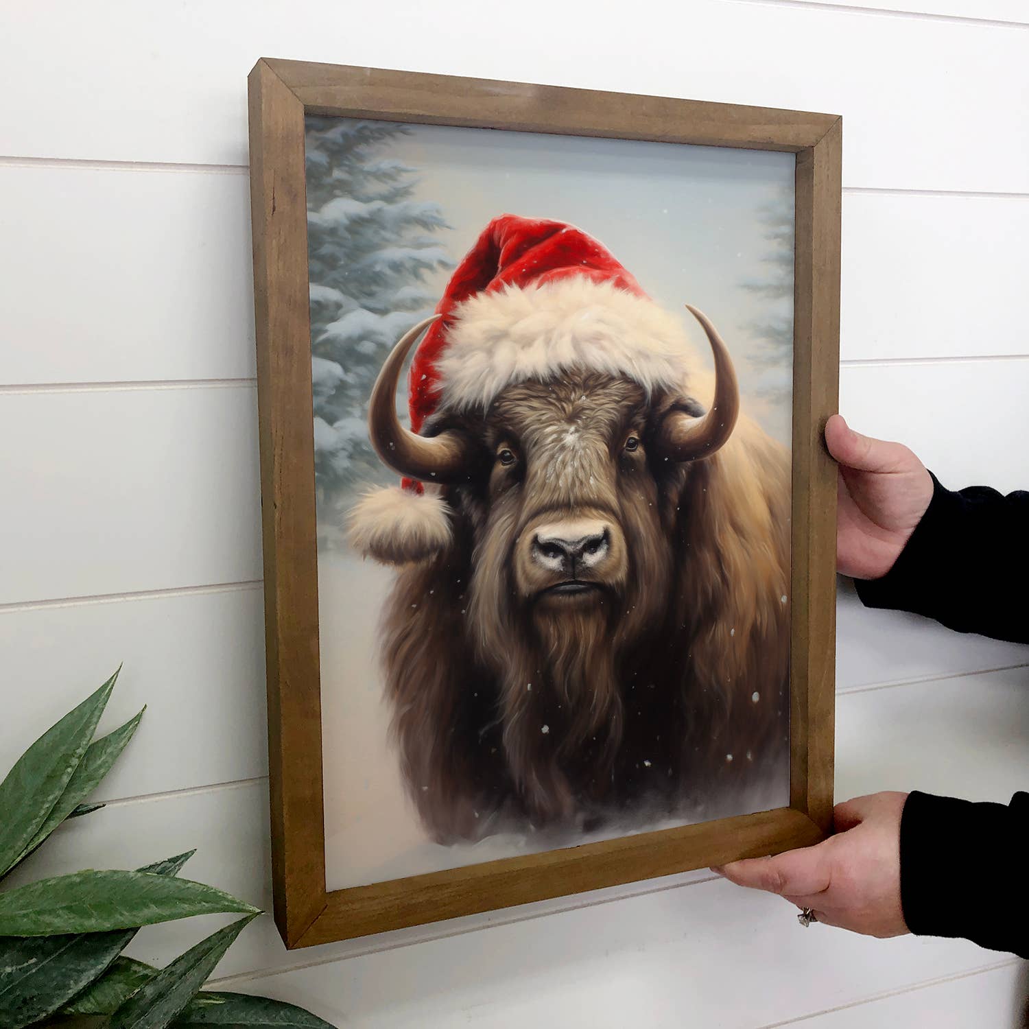 Christmas Bison Santa Hat - Animal Christmas Canvas Art