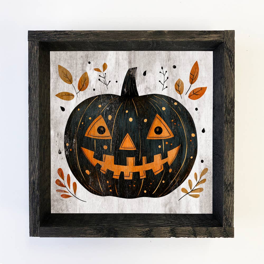 Folk Halloween Black Pumpkin - Halloween Canvas Art - Framed