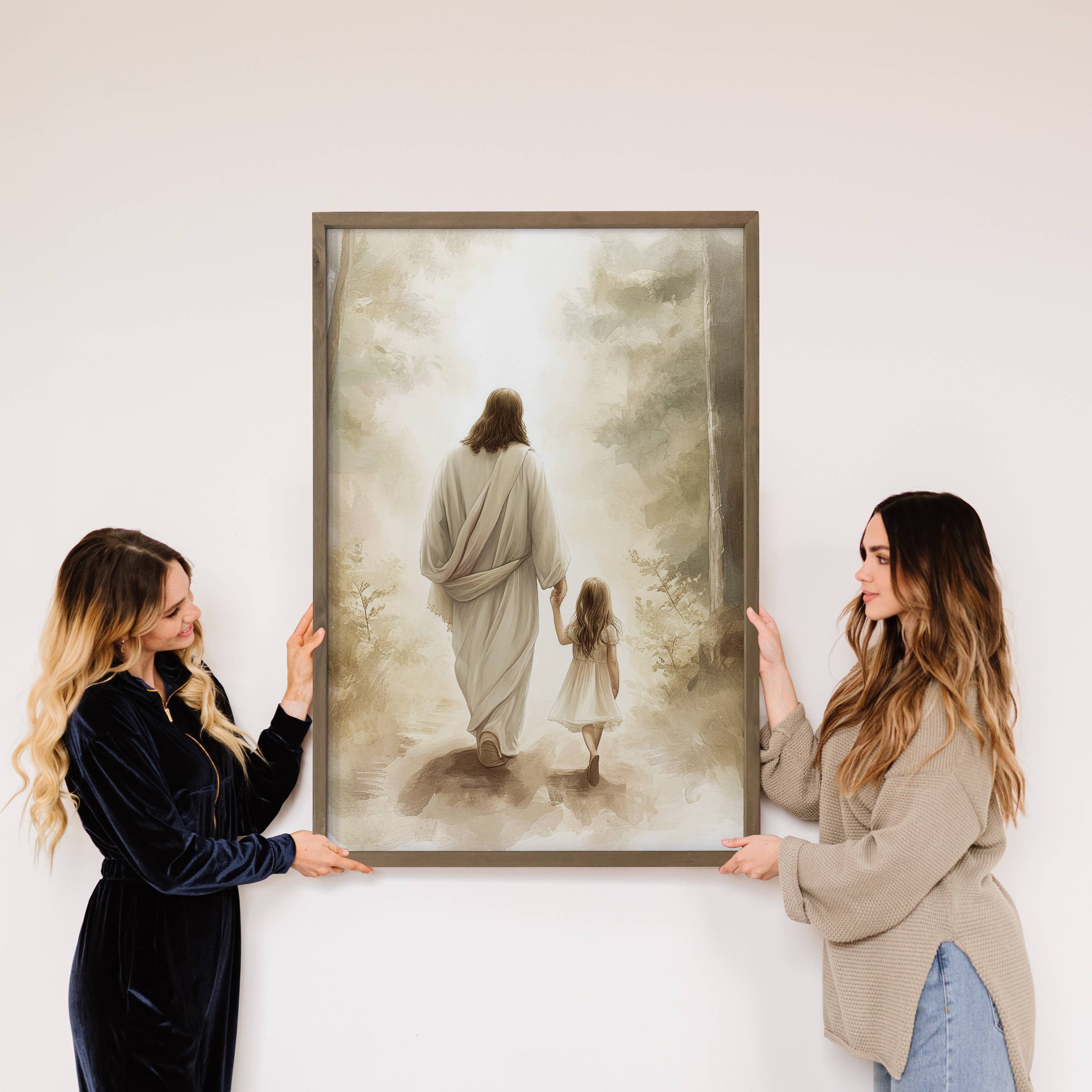 Jesus Walking with Light Haired Girl - Jesus Canvas Art