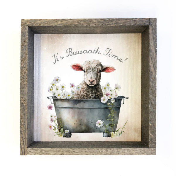 Lamb Bath Time- Cute Bathroom Art- Wooden Frame