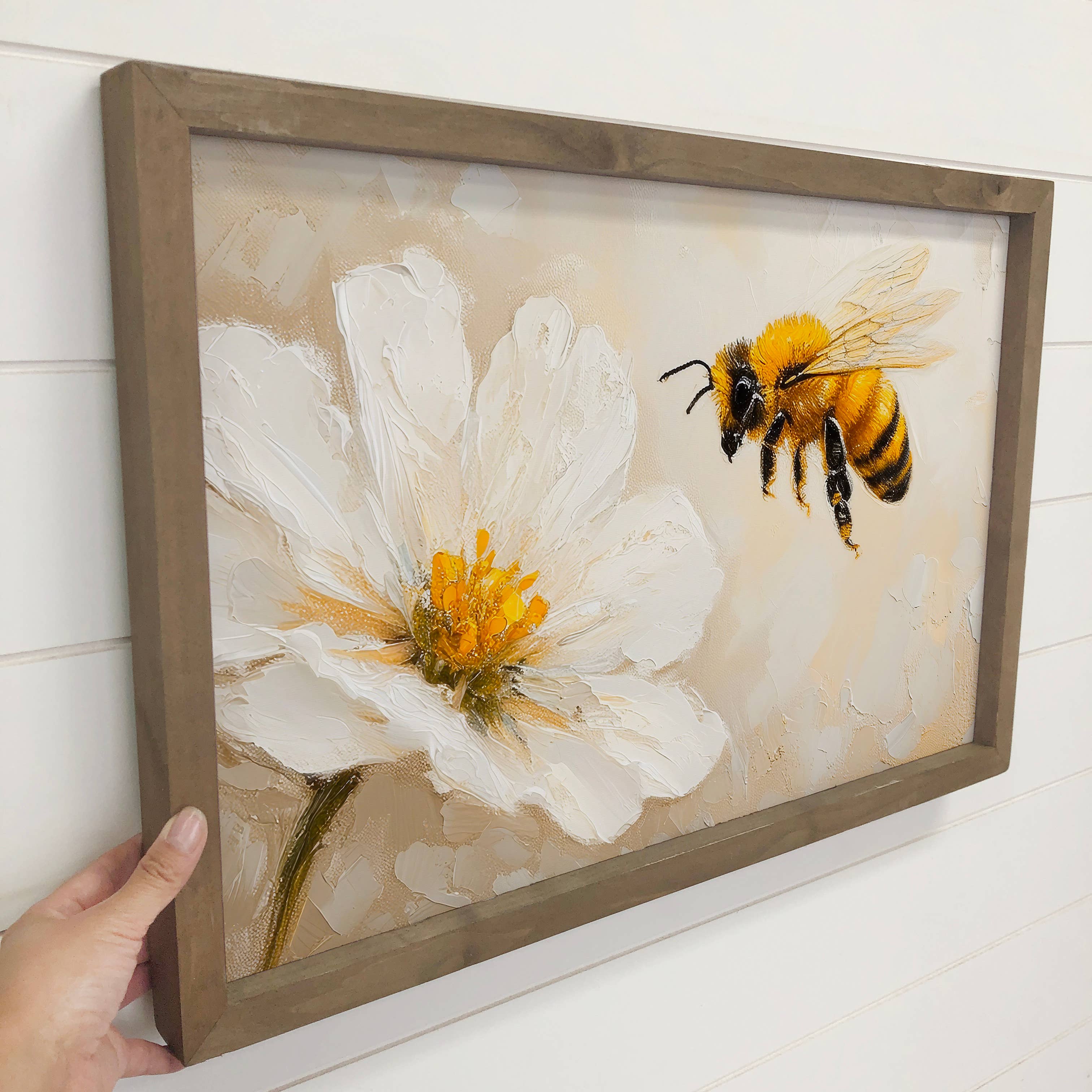 Bee and White Flower - Flower Canvas Art - Wood Framed Art