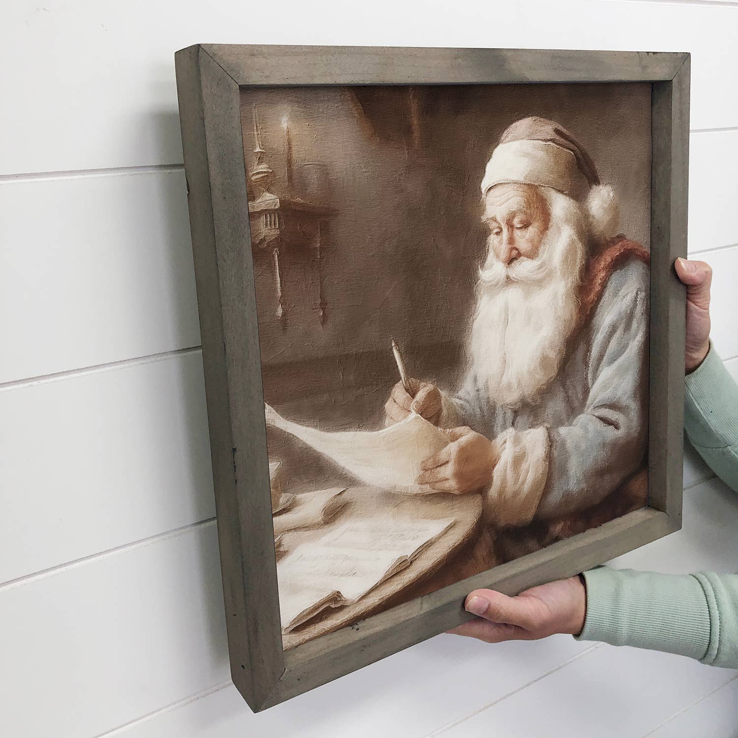Vintage Gray English Santa - Holiday Canvas Art - Wood Frame