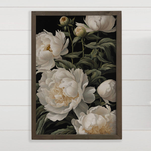 White Peony Black Background - Floral Canvas Art - Farmhouse
