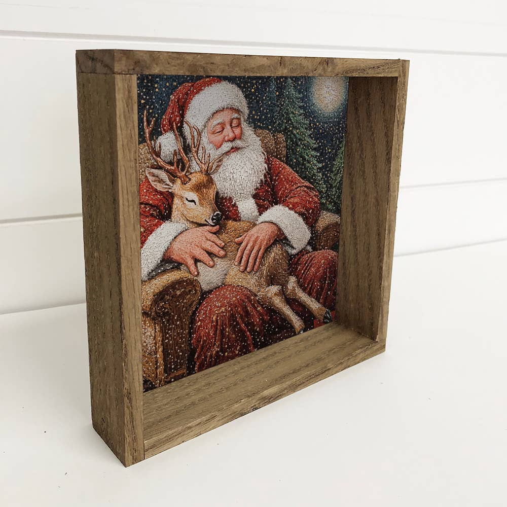 Sleepy Santa with Reindeer - Santa Canvas Art - Wood Framed