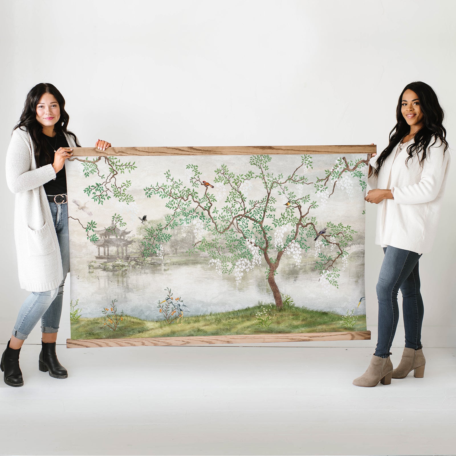 Chinoiserie Modern Scroll Art with Frame - Wallpaper Alternative to Cover Large Wall