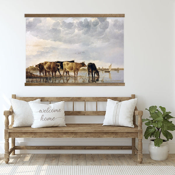 Vintage Cows in River Painting Extra Large Canvas Tapestry