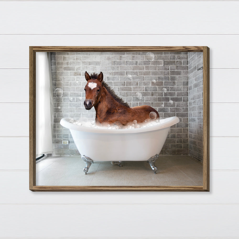 Horse in a Bubble Bath Funny Bathroom Wall Art – Hangout Home