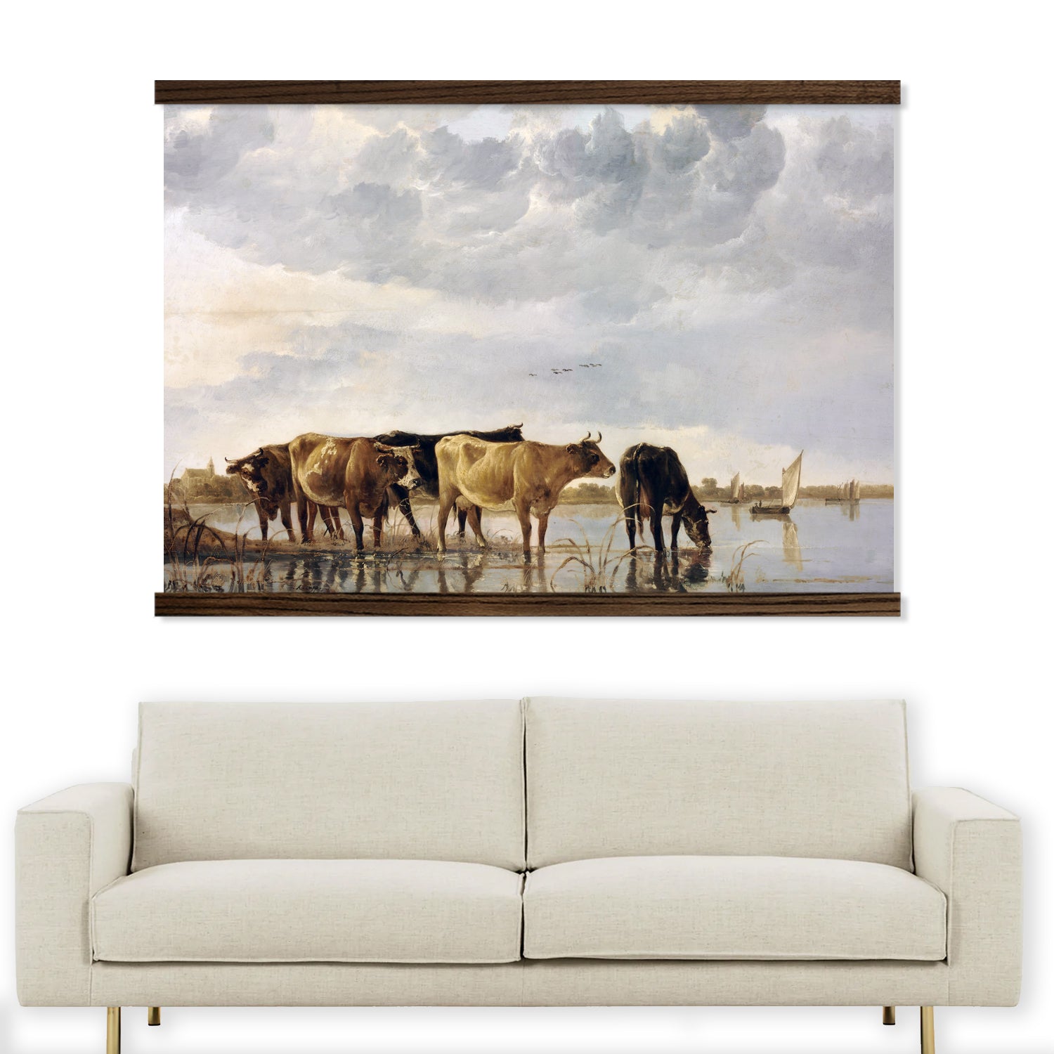 Vintage Cows in River Painting Extra Large Canvas Tapestry
