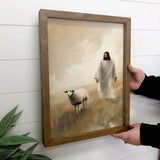 Jesus Walking with Lost Sheep - Jesus Canvas Art - Framed