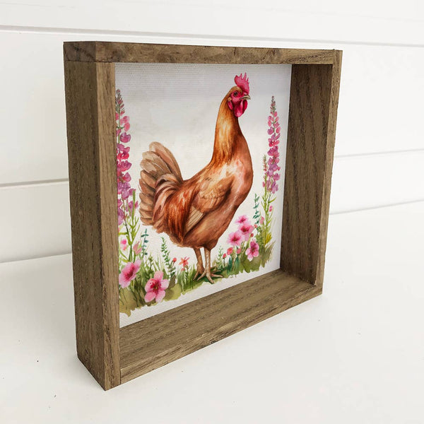 Spring Chicken Pink Flowers - Framed Chicken Canvas Artwork