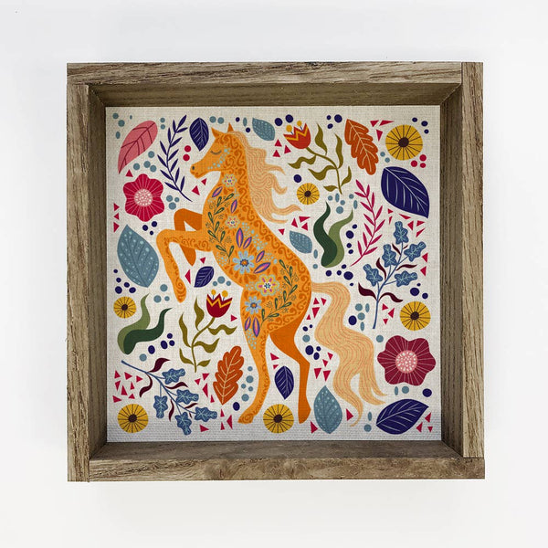 Folk Horse Wall Art - Folk Animal Canvas Art - Wood Framed